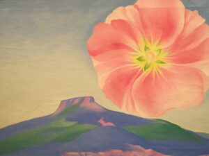 Painting created by the artist Georgia O'Keeffe 1937, Hollyhock Pink with Pedernal