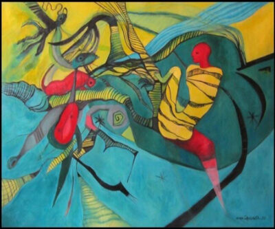 Acrylic painting on canvas size 100X130cm, titled The Journey created by the artist Zena Ghossoub 2020